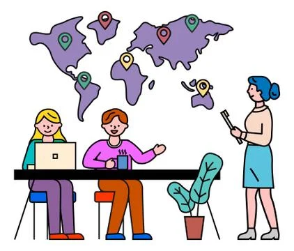 Pin Pointers on Map and Business Office Workers Illustrazione stock