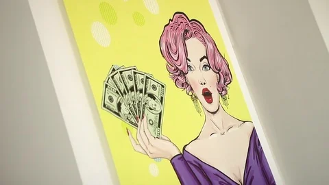 Pin up poster on wall: painted pink-haired girl with red lips keeps dollars 스톡 동영상 70520337