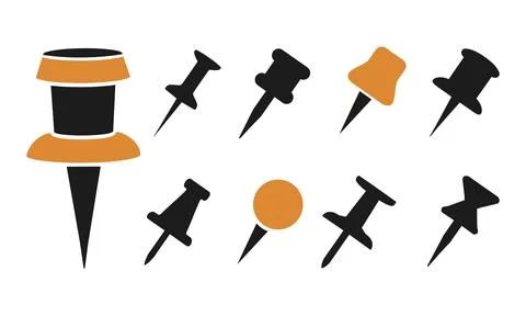 Pin set icon. Sharp rivets for fixing notes on planks. Office stationary. Stock Illustration