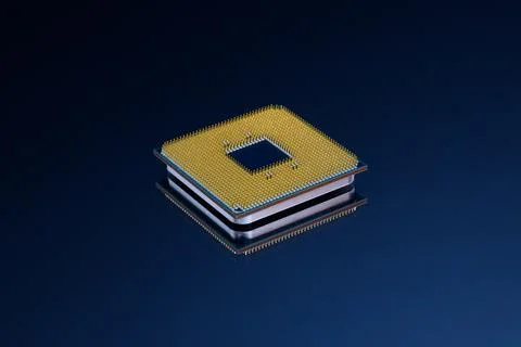 Pin side of CPU Central Processing Unit or microchip computer isolated on d.. Stock Photos