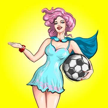 Pin up style vector hand drawn illustration sexy cartoon girl holding soccer Illustrazione stock