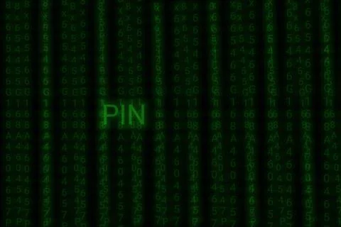 Pin text writing on black with binary code background,hacking information tec 库存照片