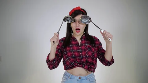 Pin Up Woman with kitchenware Video stock 127788714