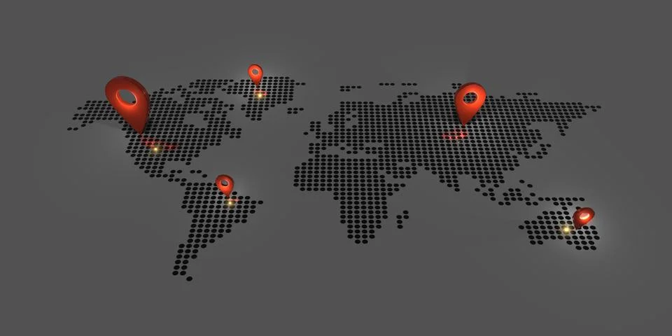 Pin on world map Dark tones and glow pins global business communication 3d .. Stockillustratie