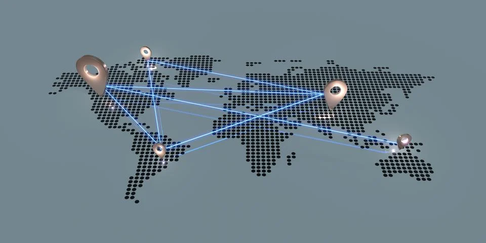 Pin on world map Dark tones and glow pins global business communication 3d .. Stockillustratie