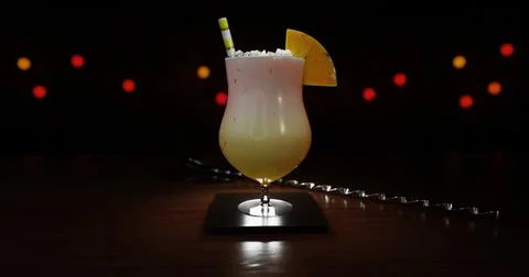 Pina Colada cocktail with pineapple on a stand in the bar 3d illustration Illustrazione stock