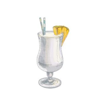 Pina colada cocktail with slice pineapple and straw. Vintage hatching Stock Illustration