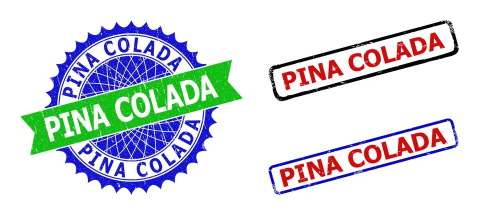 PINA COLADA Rosette and Rectangle Bicolor Seals with Grunge Surfaces Stock Illustration