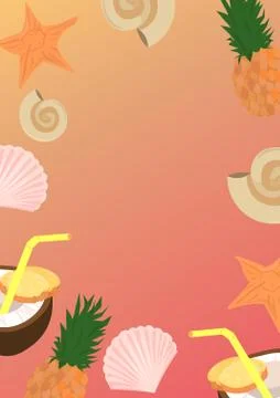 Pina colada, seashells, starfish, fruits. Summer vector postcard. Design for  Stock Illustration