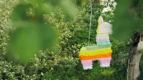 Pinata in the form of an Alpaca or horse hangs on a tree at a children's party Stock Footage 242397618