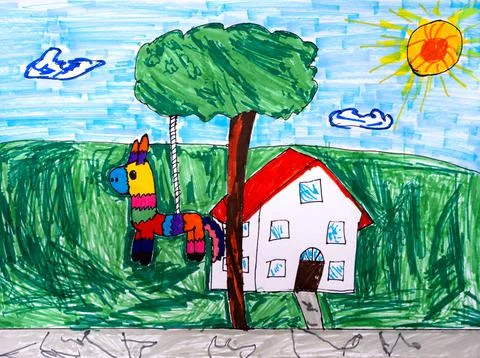 A pinata hanging of a tree in front of a white house. A child hand drawing th Stock Illustration