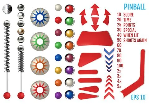 Pinball elements. Realistic set with different tools. Stock Illustration
