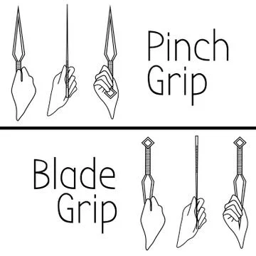 Pinch grip and blade grip of throwing knife, kunai Stock Illustration
