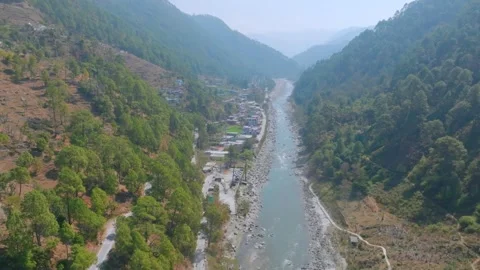 Pindar river flowing between the mountains in Uttarakhand and Tharali, a sm.. Stock Footage 304421070