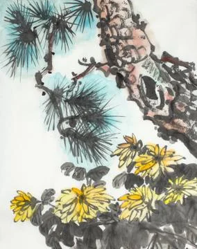 Pine and chrysanthemums Stock Illustration