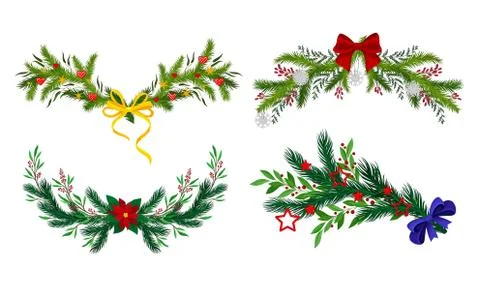 Pine and Fir Tree Branches Decorated with Ribbon and Mistletoe Vector Set Stock Illustration