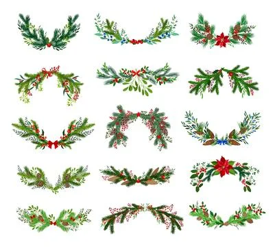 Pine and Fir Tree Branches Decorated with Ribbon and Mistletoe Big Vector Set Stock Illustration
