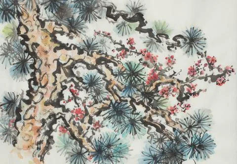 Pine and plum branch Stock Illustration
