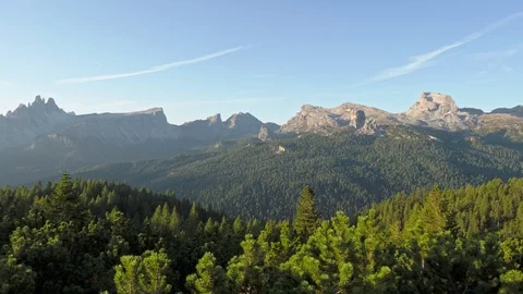 Pine and spruce forest and alpine peaks, The Tofane Group in the Dolomites Stock Footage 116685100