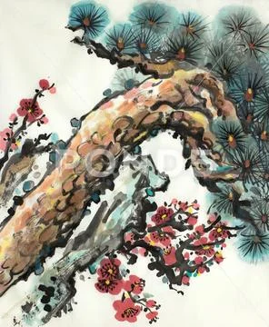 Pine and wild plum branch Stock Illustration