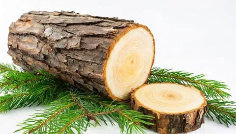 Pine is any conifer tree or shrub in the genus Pinus. Wood log, leaf or lea.. Stock Photos