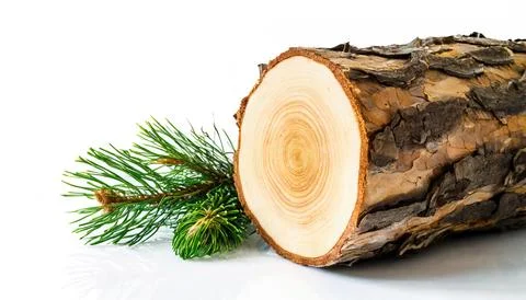 Pine is any conifer tree or shrub in the genus Pinus. Wood log, leaf or lea.. Stock Photos