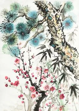 Pine bamboo and plum Stock Illustration