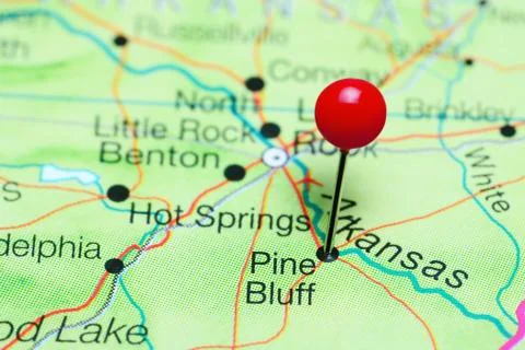 Pine Bluff pinned on a map of Arkansas, USA Stock Photos