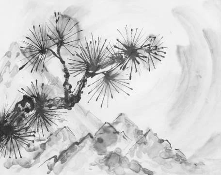 Pine branch against mountains Stock Illustration