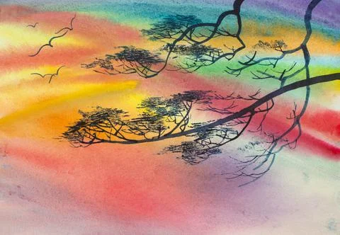 Pine branch on the background of sunset Stock Illustration