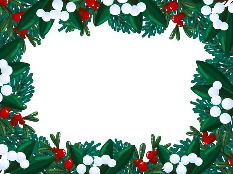 Pine Branch Border with Red and White Berries Stock Illustration