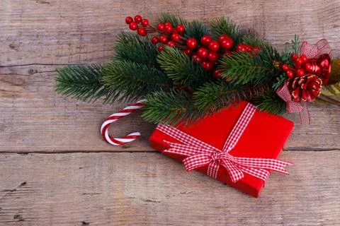 Pine branch with gift box Stock Photos