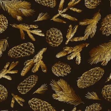 Pine branches and cones seamless pattern. Hand drawn spruce coniferous forest Illustrazione stock