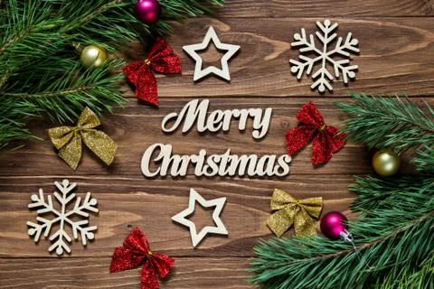 Pine branches with christmas balls. Nice Christmas decoration with ribbon bows Stock Photos