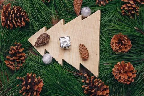 Pine branches, cones, natural background or backdrop. Wooden fir tree Stock Photos