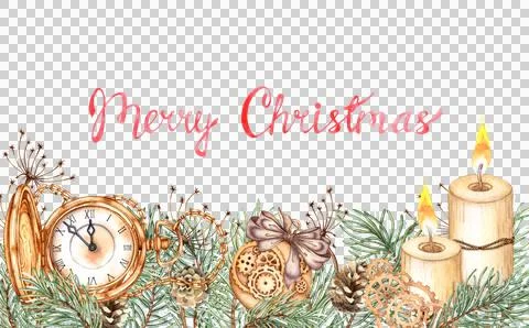Pine branches pine cones pocket watch candles Christmas banner watercolor Stock Illustration
