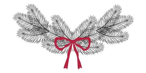 Pine branches with red ribbon bow, minimal vector for festive and seasonal .. Stock Illustration