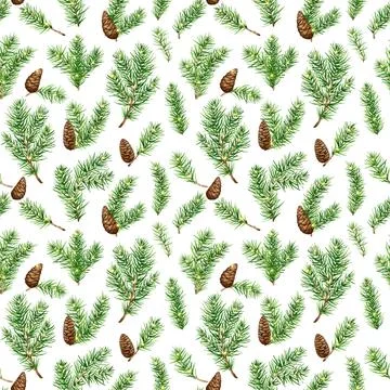 Pine branches seamless pattern, Christmas Repeat Pattern, Hand drawn watercolor Stock Illustration