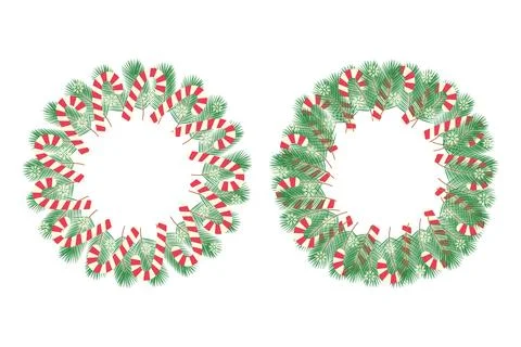 Pine branches wreath decorated striped candy canes and snowflakes. Circle Stock Illustration
