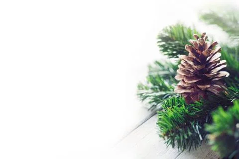 Pine cone and some pine branches on a white wooden background Foto stock