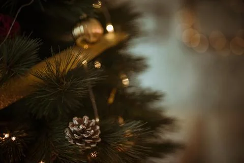 Pine cone christmas tree decorated with wreath balls. High quality and Stock Photos