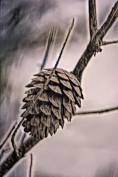 Pine cone close up on branch Stock Illustration