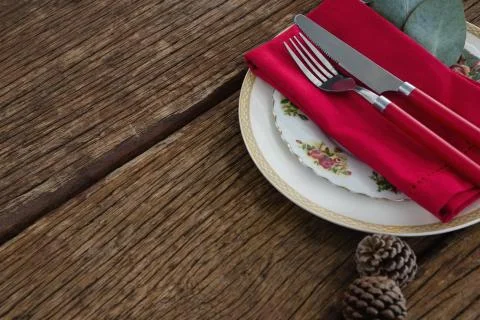Pine cone with fork, butter knife, napkin and leaf in a plate Stock Photos