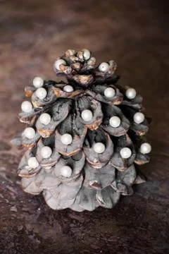 Pine cone in the form of a New Year tree. Christmas tree. Pine cone decorated Stock Photos
