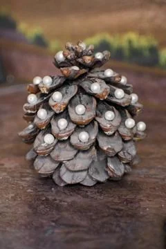 Pine cone in the form of a New Year tree. Christmas tree. Pine cone decorated Stock Photos