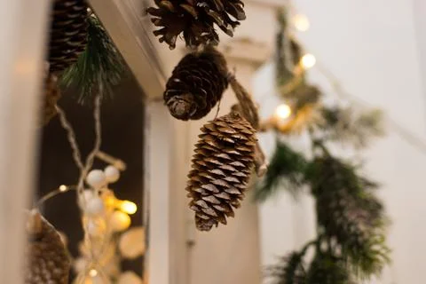 Pine cone hangs on rope close Stockfoto's
