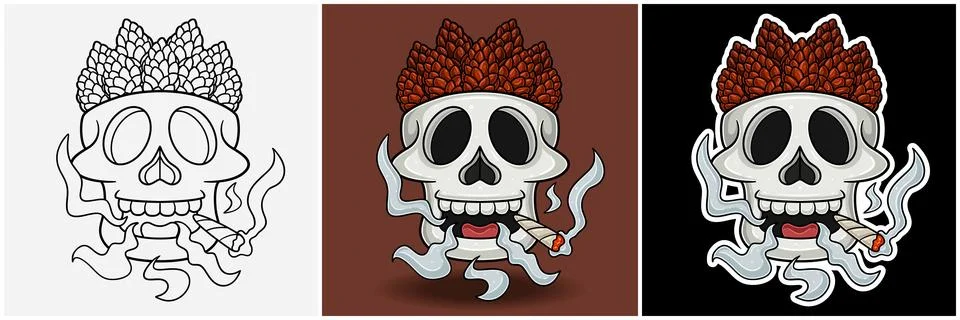 Pine Cone Inside Skull Head With Smoking Character Cartoon. Black White, Co.. Stock Illustration