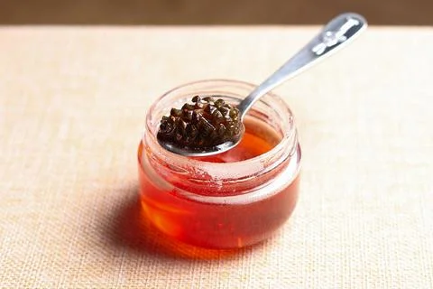 Pine cone jam. Small cones in sweet syrup close-up. Small pine cones in sugar sy Stock Photos
