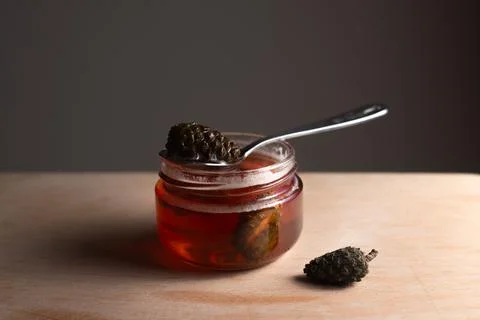 Pine cone jam. Small cones in sweet syrup close-up. Small pine cones in sugar sy Stock Photos