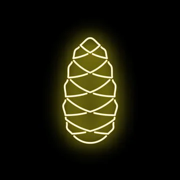 Pine cone neon sign glowing yellow on black background Stock Illustration